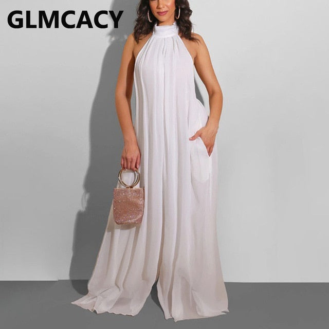 Women Chiffon Halter Backless Jumpsuits Loose Style Long Overalls Elegant Party Club Jumpsuit