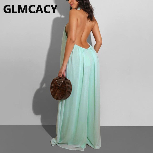 Women Chiffon Halter Backless Jumpsuits Loose Style Long Overalls Elegant Party Club Jumpsuit