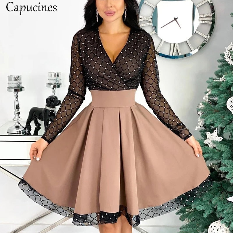 Mesh Sheer Long Sleeve Skater Dress