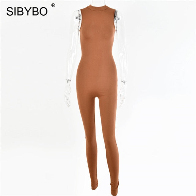 Sibybo Black Sleeveless Summer Jumpsuit Rompers Womens 2021 Zipper Activewear Slim Jumpsuit Femme Fitness Sport Casual Overalls