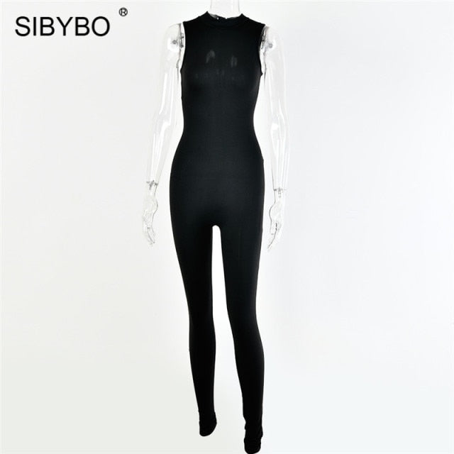 Sibybo Black Sleeveless Summer Jumpsuit Rompers Womens 2021 Zipper Activewear Slim Jumpsuit Femme Fitness Sport Casual Overalls