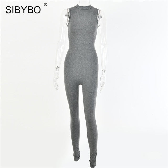 Sibybo Black Sleeveless Summer Jumpsuit Rompers Womens 2021 Zipper Activewear Slim Jumpsuit Femme Fitness Sport Casual Overalls