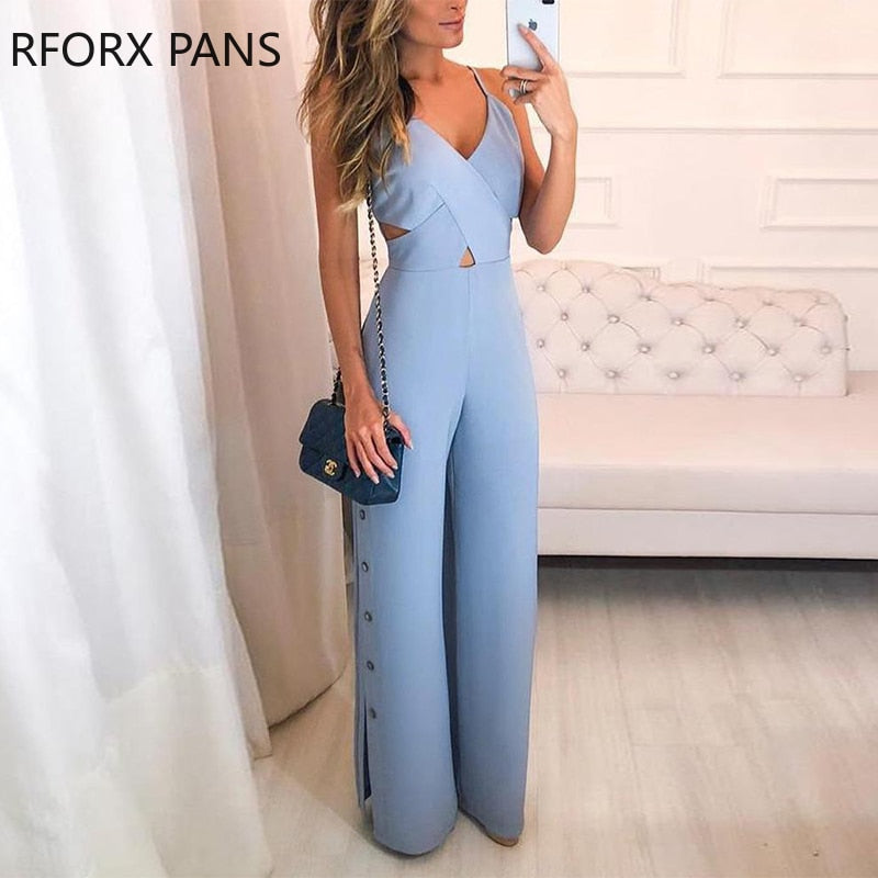 Crisscross Spaghetti Strap Button Slit Side Jumpsuit