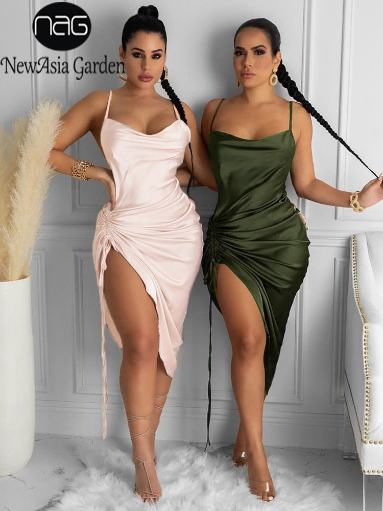 NewAsia Ruched Satin Summer Dress Drawstring Spaghetti Straps Cowl Neck Backless Long Dresses for Women Party Sexy Vestidos 2020