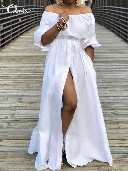 Women&#39;s Dress 2022 Celmia Autumn Sexy High Waist White Maxi Robes High Split Long Sundress Three Quarter Sleeves Party Vestidos